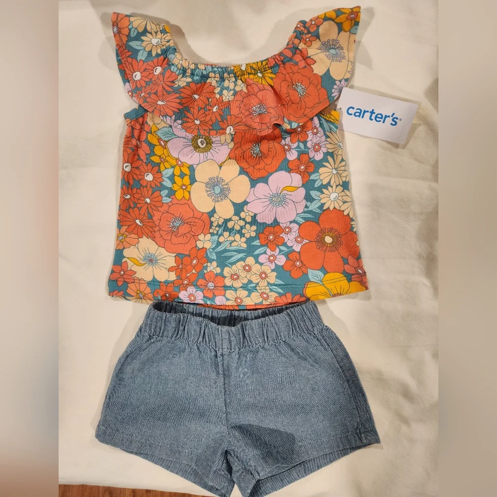 Carter's Girl's 2-Piece Orange Floral Yoke-Neck Top & Chambray Short Set 3M NWT - Picture 3 of 8